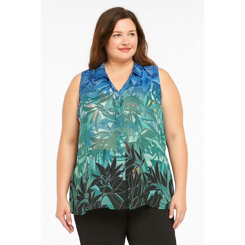 Cj Banks | Plus Size Botanical Tropical Semi Sheer Sleeveless Blouse Tunic Top
